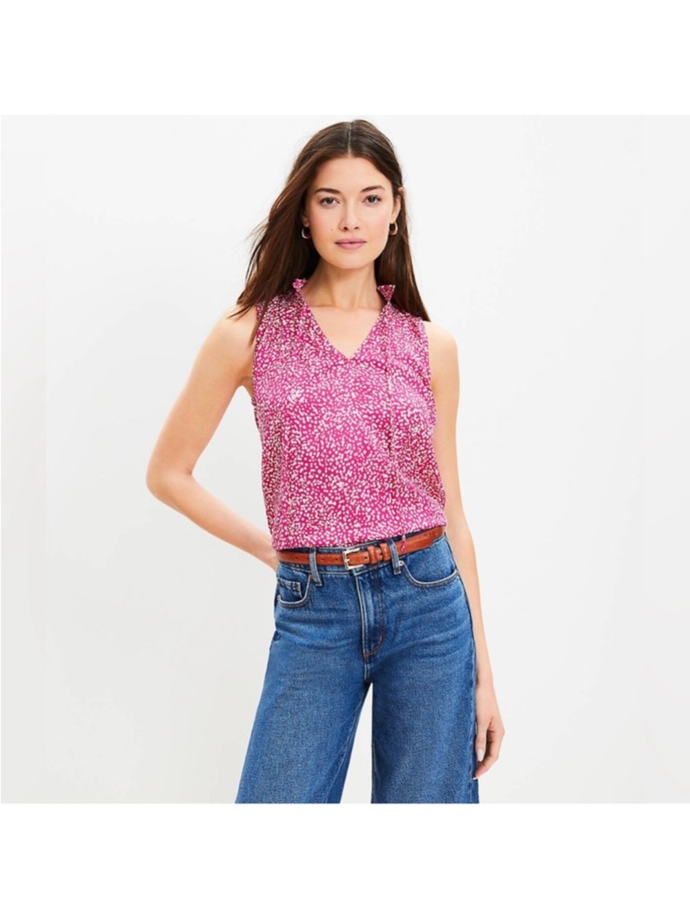 LOFT Petite Sleeveless Magenta White Dot Printed V-Neck Tie Top - XXSP